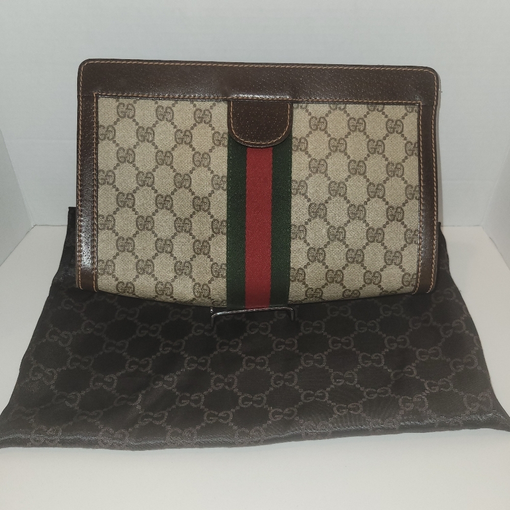 EUC Vintage Gucci Sherry Line Monogram Canvas Cosmetic Pouch Clutch-Brown